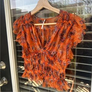 Free People - Floral Orange Ruffle Top